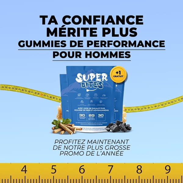 This ad creative uses a measuring tape visual to emphasize performance metrics for men's supplement gummies.